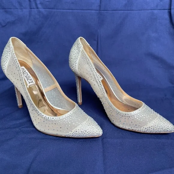 Badgley Mischka Weslee Embellished Satin & Mesh Pointed Toe Pumps - Picture 6 of 7